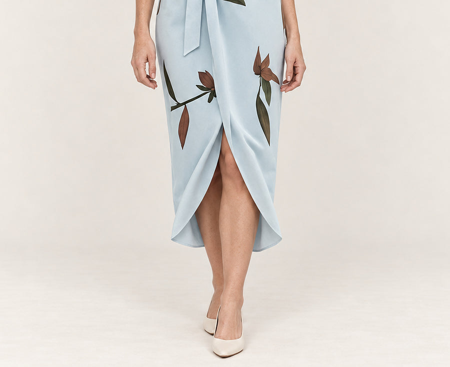 Maribel | Wrap Tie-Waist Leaf-Print Midi Dress