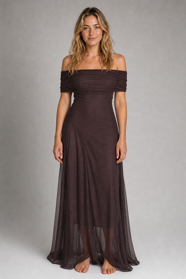 Anya Pleated Chiffon Maxi Dress | Women's Off-Shoulder Wedding-Guest Gown