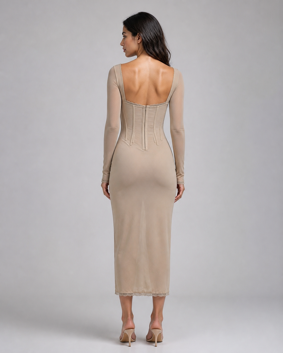 Evangeline | Long-Sleeve Lace Corset Midi Dress