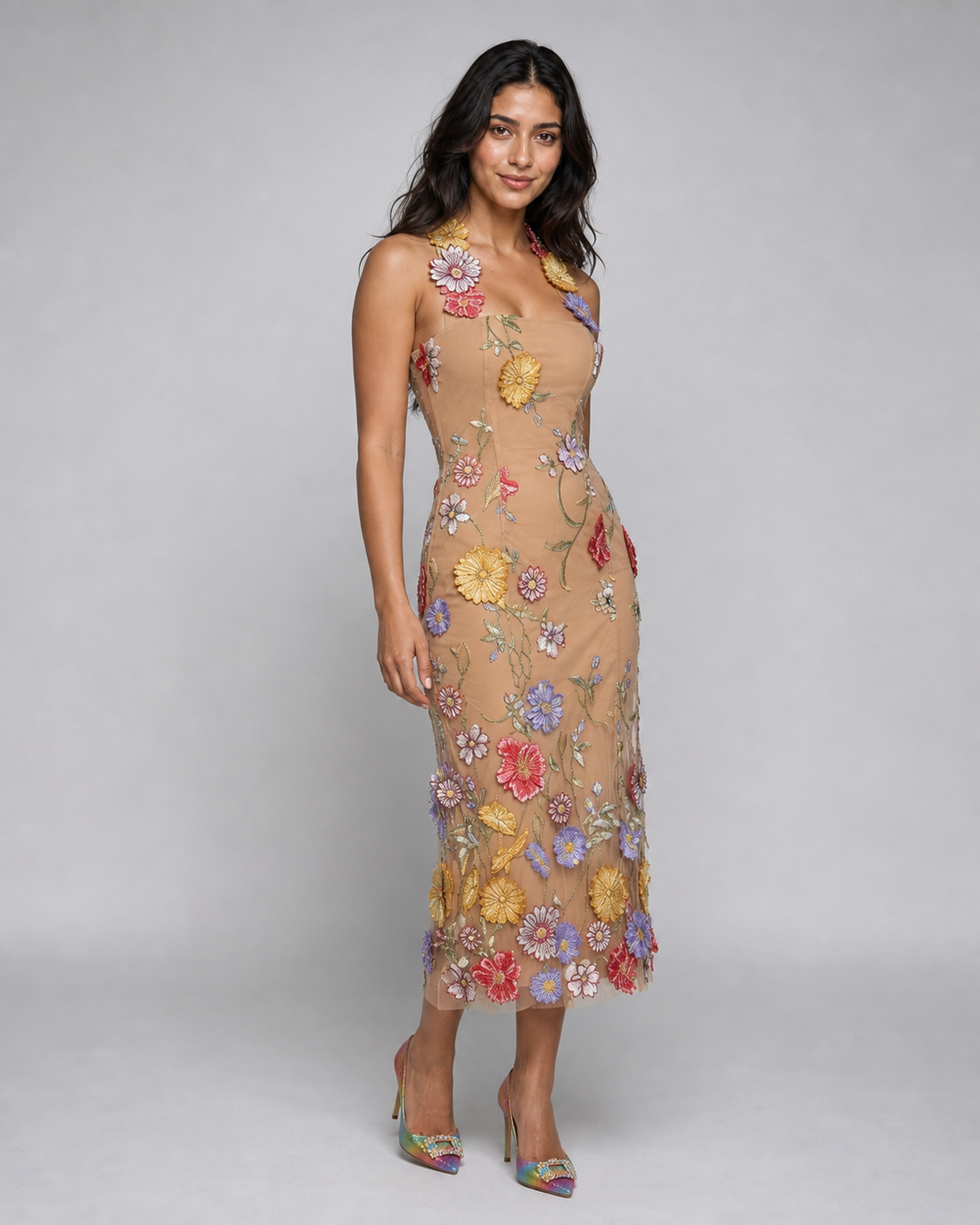 Natalya | Floral Embroidered Halter Midi Dress