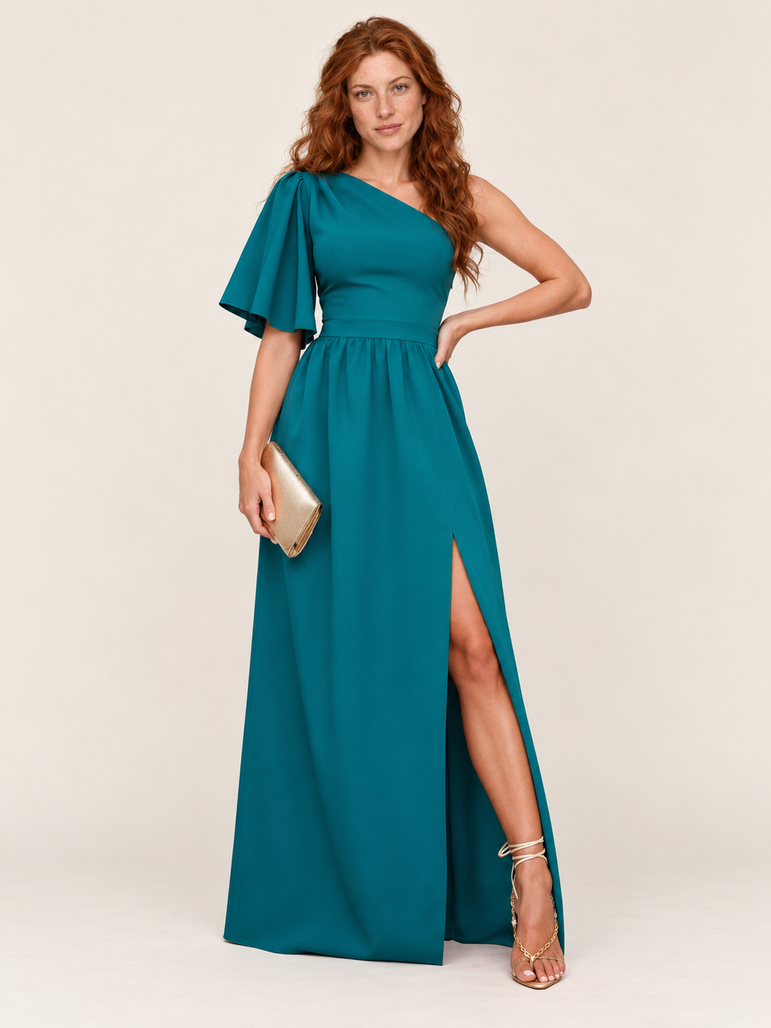 Gabriella | One-Shoulder Flutter Sleeve High-Split Maxi Dress