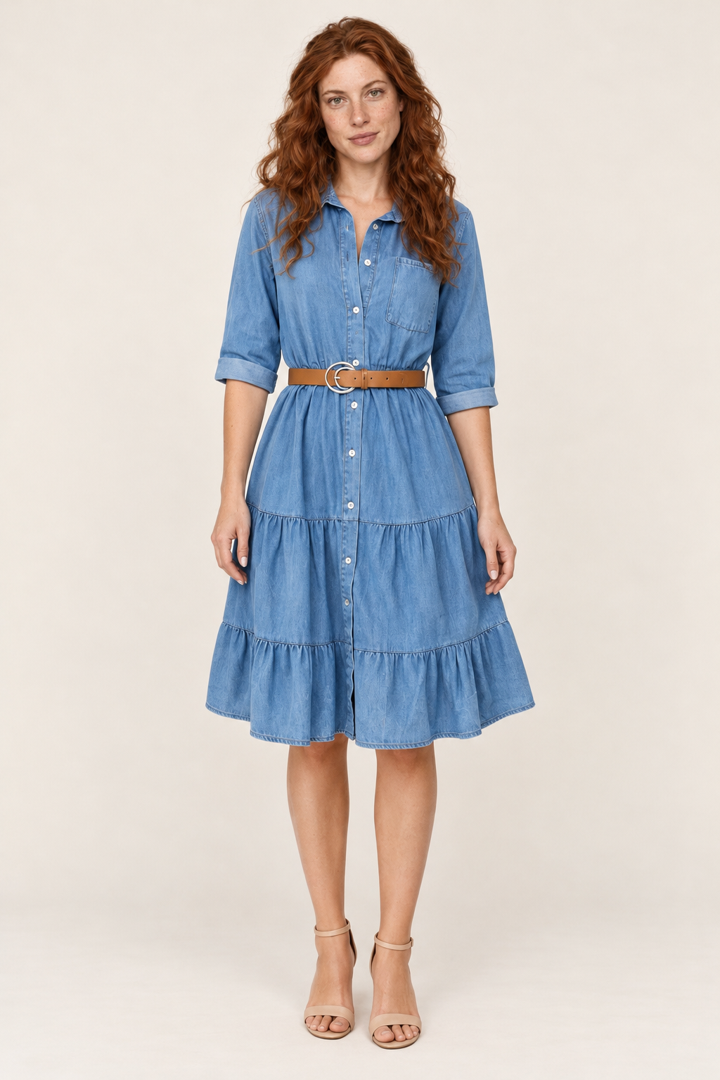 Gretel | Denim Button-Front Tiered Midi Dress