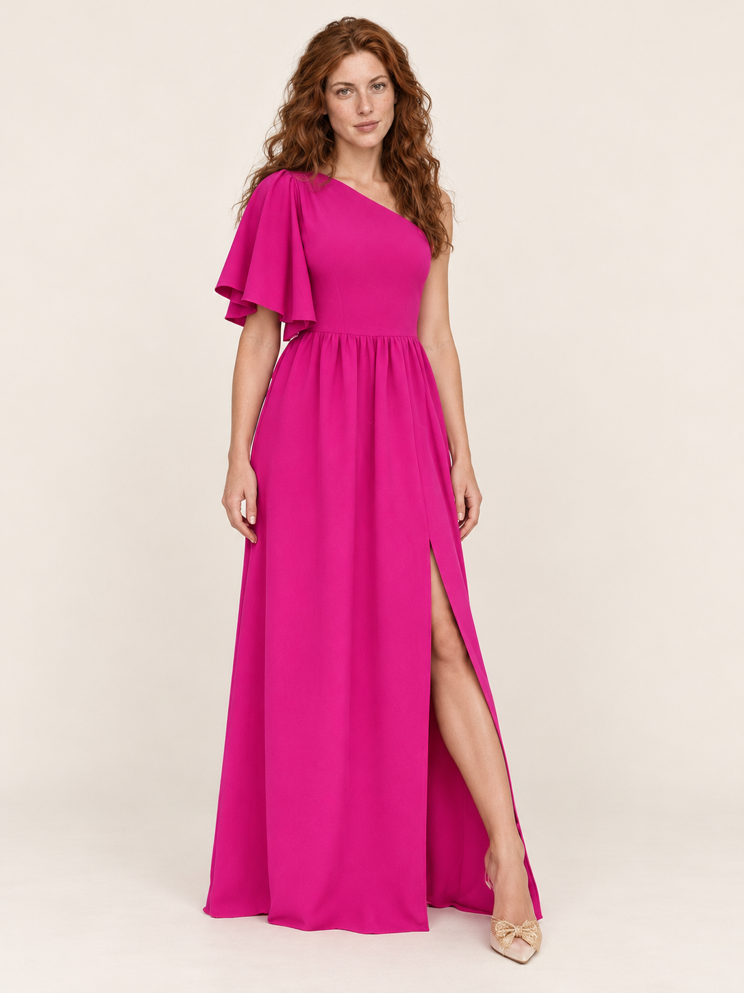 Gabriella | One-Shoulder Flutter Sleeve High-Split Maxi Dress