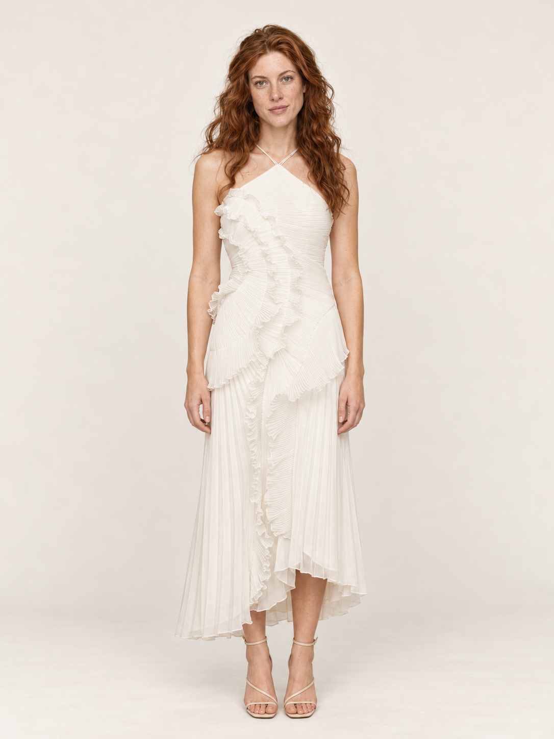 Antonia | Pleated Ruffle Halter Asymmetric Maxi Dress