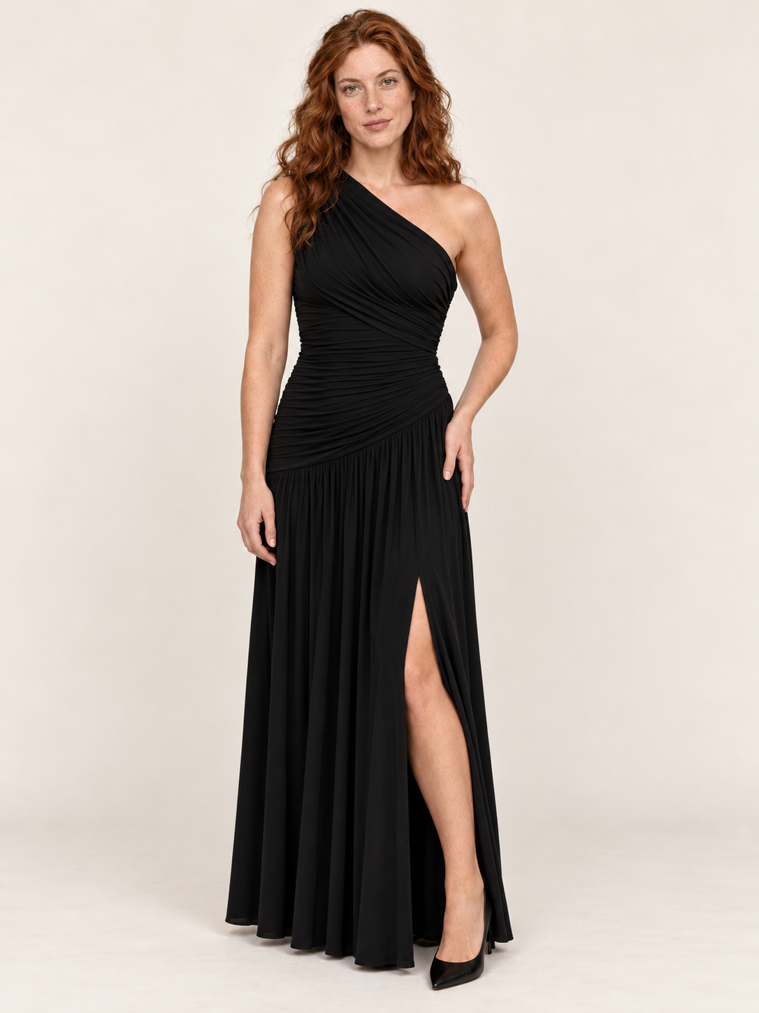 Eugenie | One-Shoulder Ruched Bodice Front-Split Maxi Dress