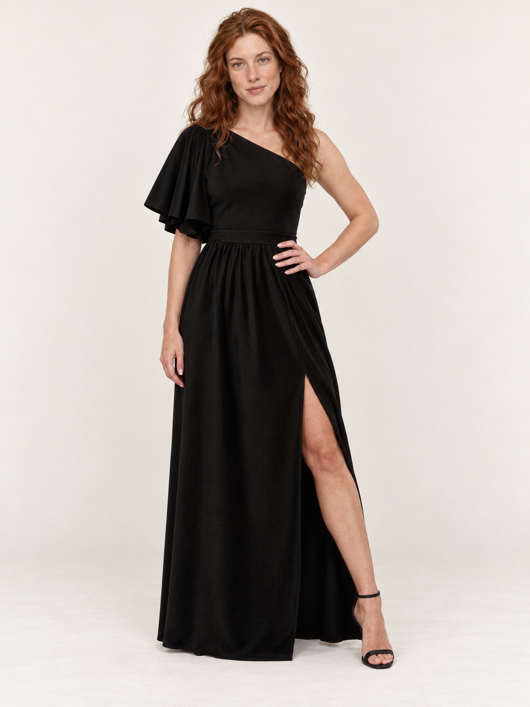 Gabriella | One-Shoulder Flutter Sleeve High-Split Maxi Dress