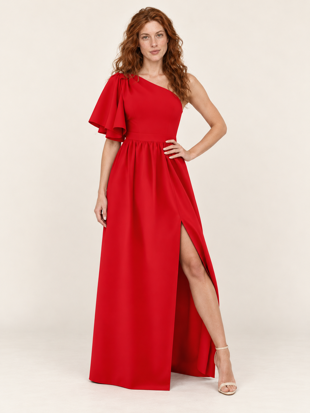 Gabriella | One-Shoulder Flutter Sleeve High-Split Maxi Dress