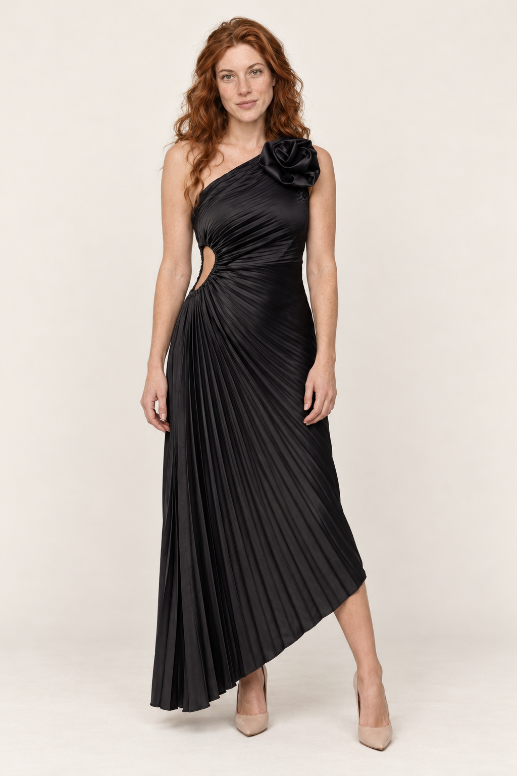 Cassia | One-Shoulder Rosette Pleated Cut-Out Maxi Dress