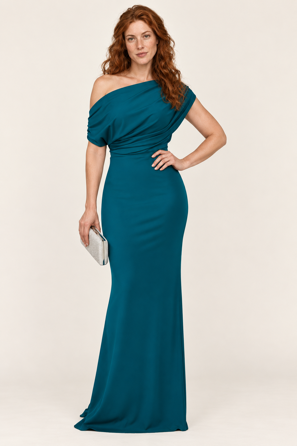 Alma | Asymmetric Neck Ruched Fitted Maxi Dress