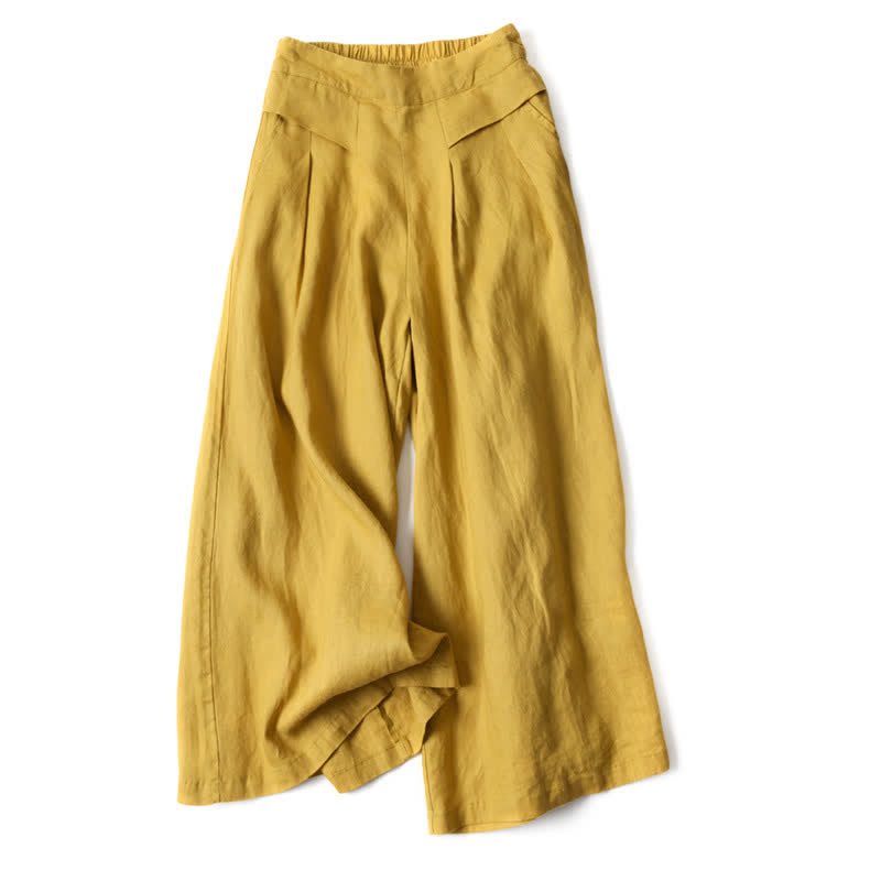 Buddha Stones Plain Color Cotton Linen High Waist Women's Wide Leg Pants With Pockets