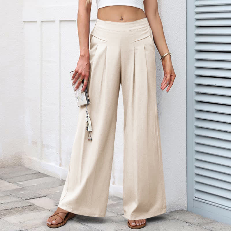 Cotton Linen High Waist Women's Wide Leg Pants With Pockets
