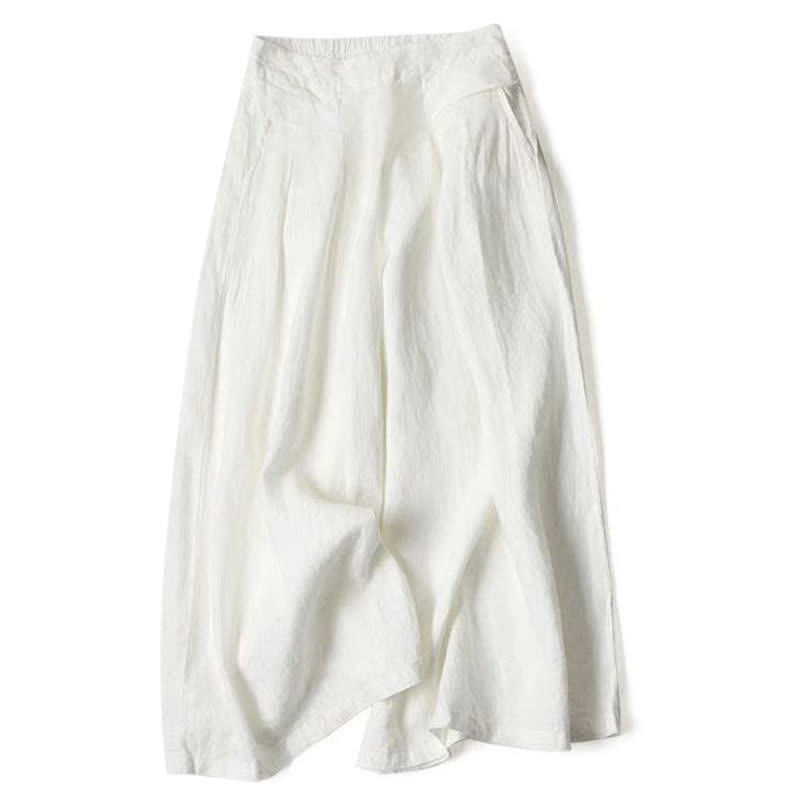 Buddha Stones Plain Color Cotton Linen High Waist Women's Wide Leg Pants With Pockets