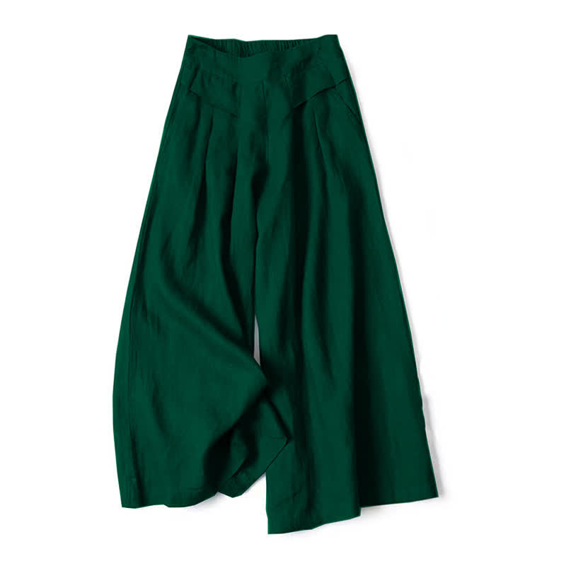 Buddha Stones Plain Color Cotton Linen High Waist Women's Wide Leg Pants With Pockets