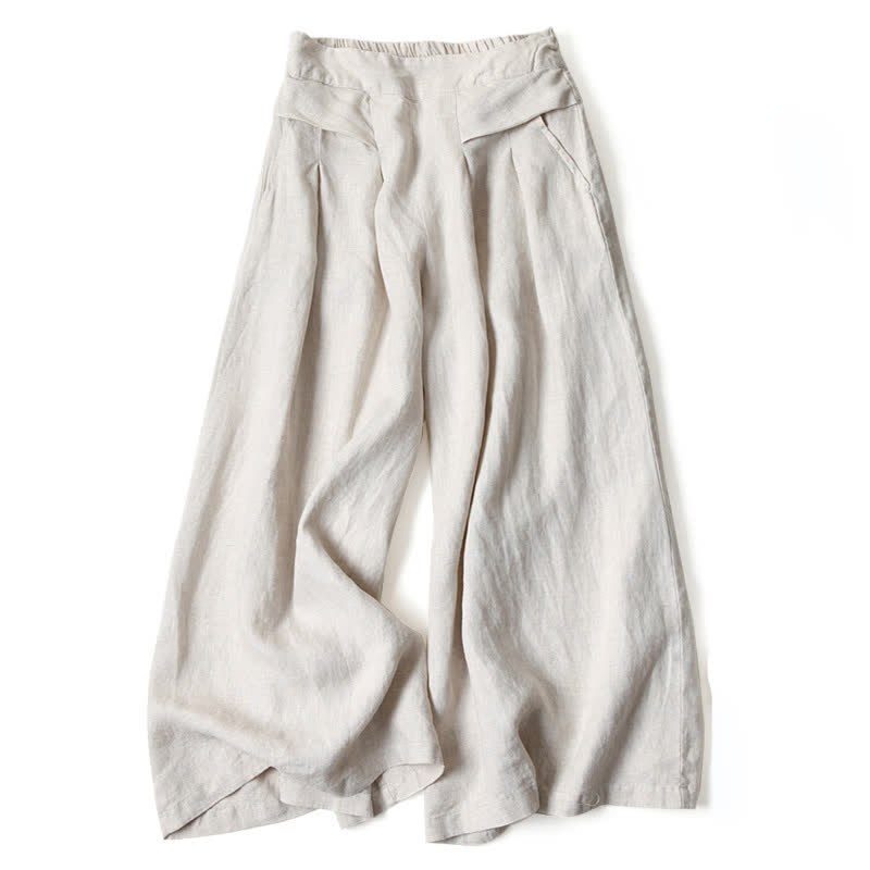 Buddha Stones Plain Color Cotton Linen High Waist Women's Wide Leg Pants With Pockets