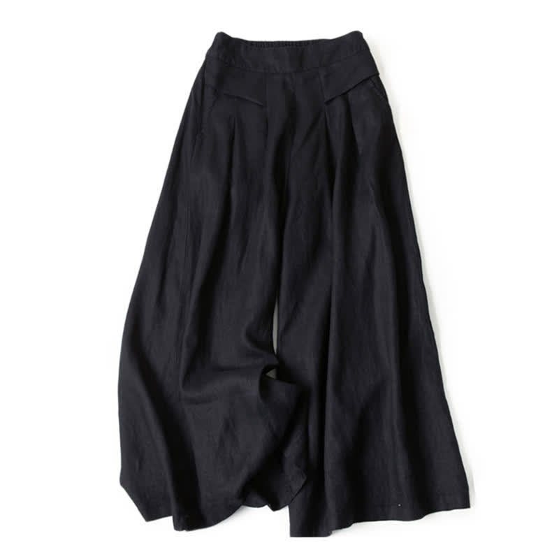 Buddha Stones Plain Color Cotton Linen High Waist Women's Wide Leg Pants With Pockets