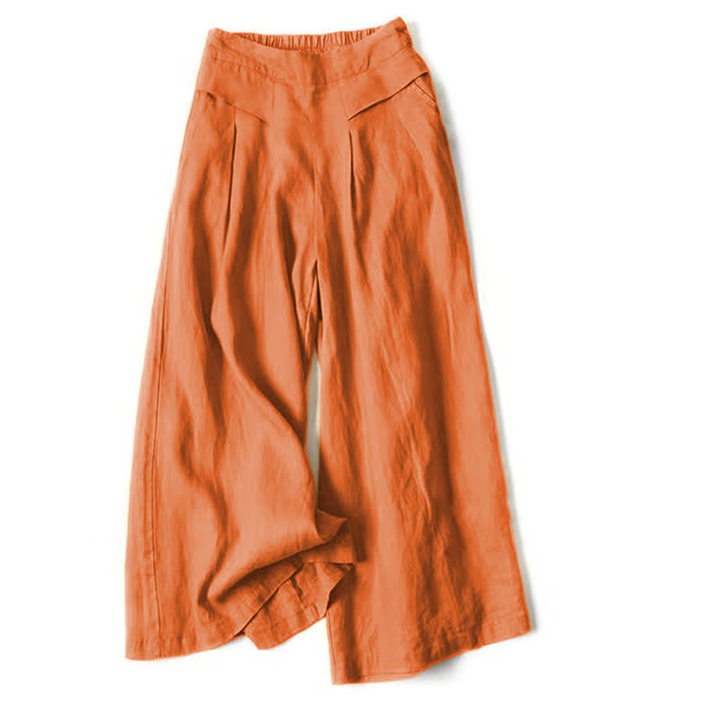 Buddha Stones Plain Color Cotton Linen High Waist Women's Wide Leg Pants With Pockets