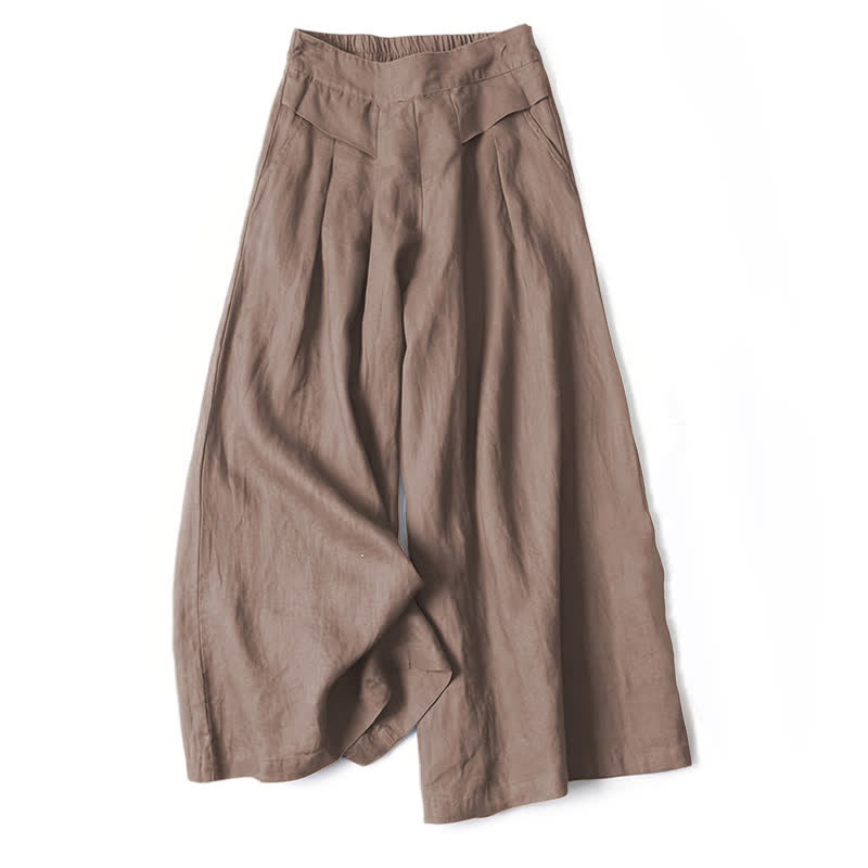 Cotton Linen High Waist Women's Wide Leg Pants With Pockets