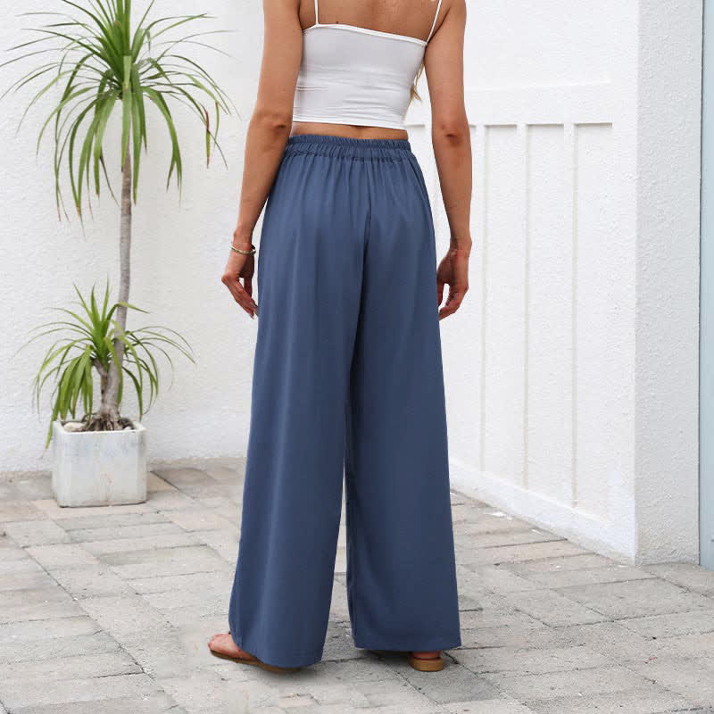 Cotton Linen High Waist Women's Wide Leg Pants With Pockets