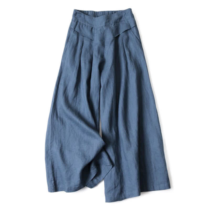 Buddha Stones Plain Color Cotton Linen High Waist Women's Wide Leg Pants With Pockets