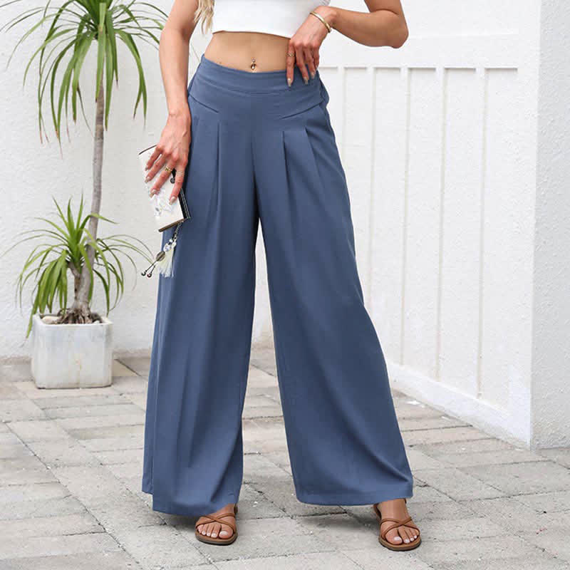 Buddha Stones Plain Color Cotton Linen High Waist Women's Wide Leg Pants With Pockets