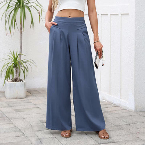 Cotton Linen High Waist Women's Wide Leg Pants With Pockets