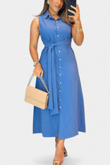 Albertine | Sleeveless Button-Front Tie-Waist Shirt Midi Dress in Blue