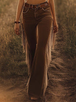 Women's Flare Jeans – High-Rise Fringe Detail – Western Casual Australia in Brown