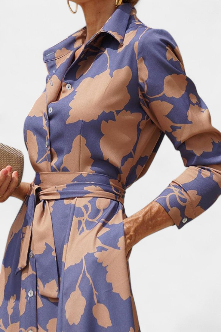 Aline | Floral Collared Button-Front Belted Midi Dress