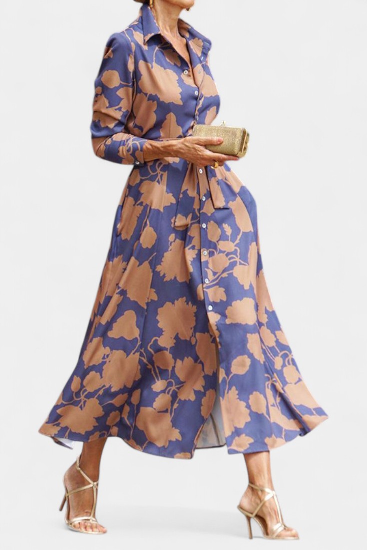Aline | Floral Collared Button-Front Belted Midi Dress