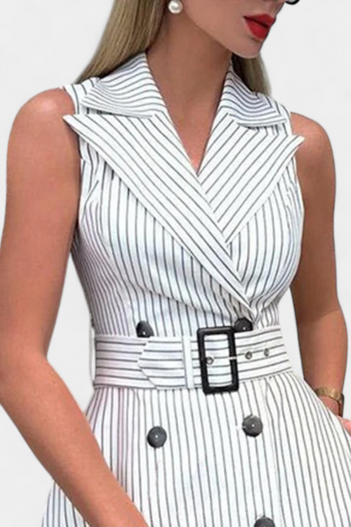 Allegra pinstripe double-breasted belted A-line midi dress