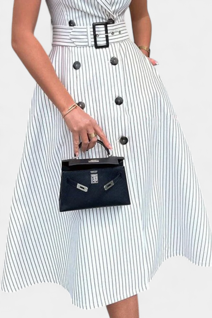 Allegra | Pinstripe Double-Breasted Belted A-Line Midi Dress