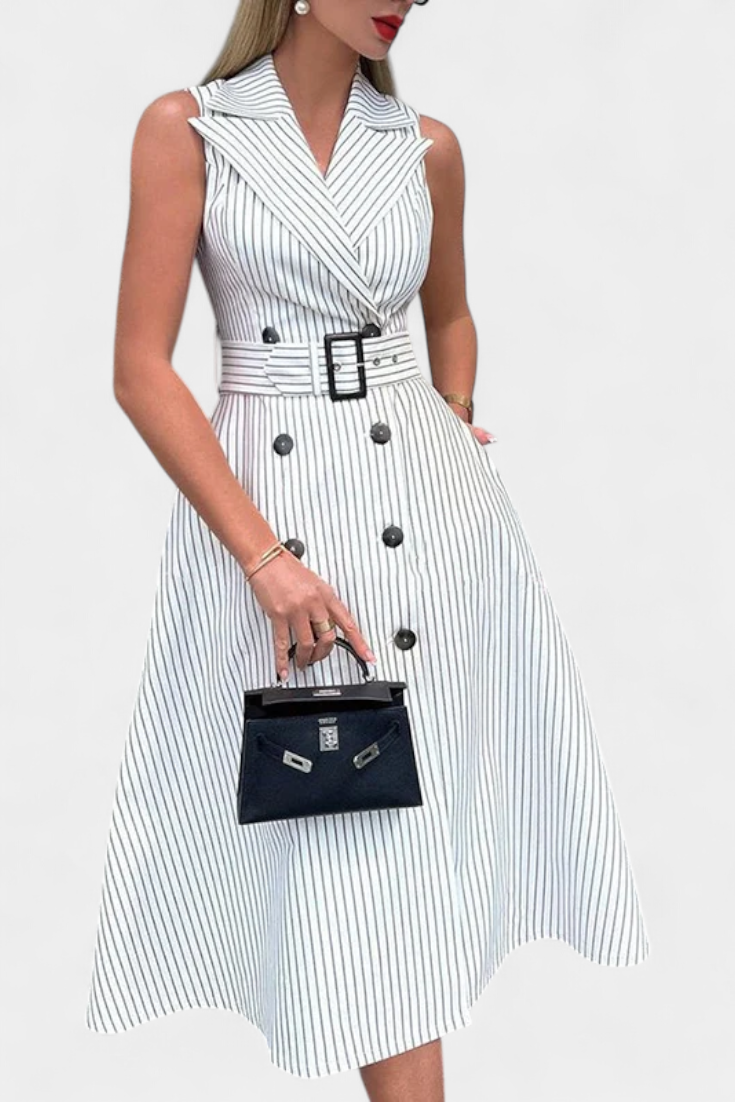 Allegra | Pinstripe Double-Breasted Belted A-Line Midi Dress