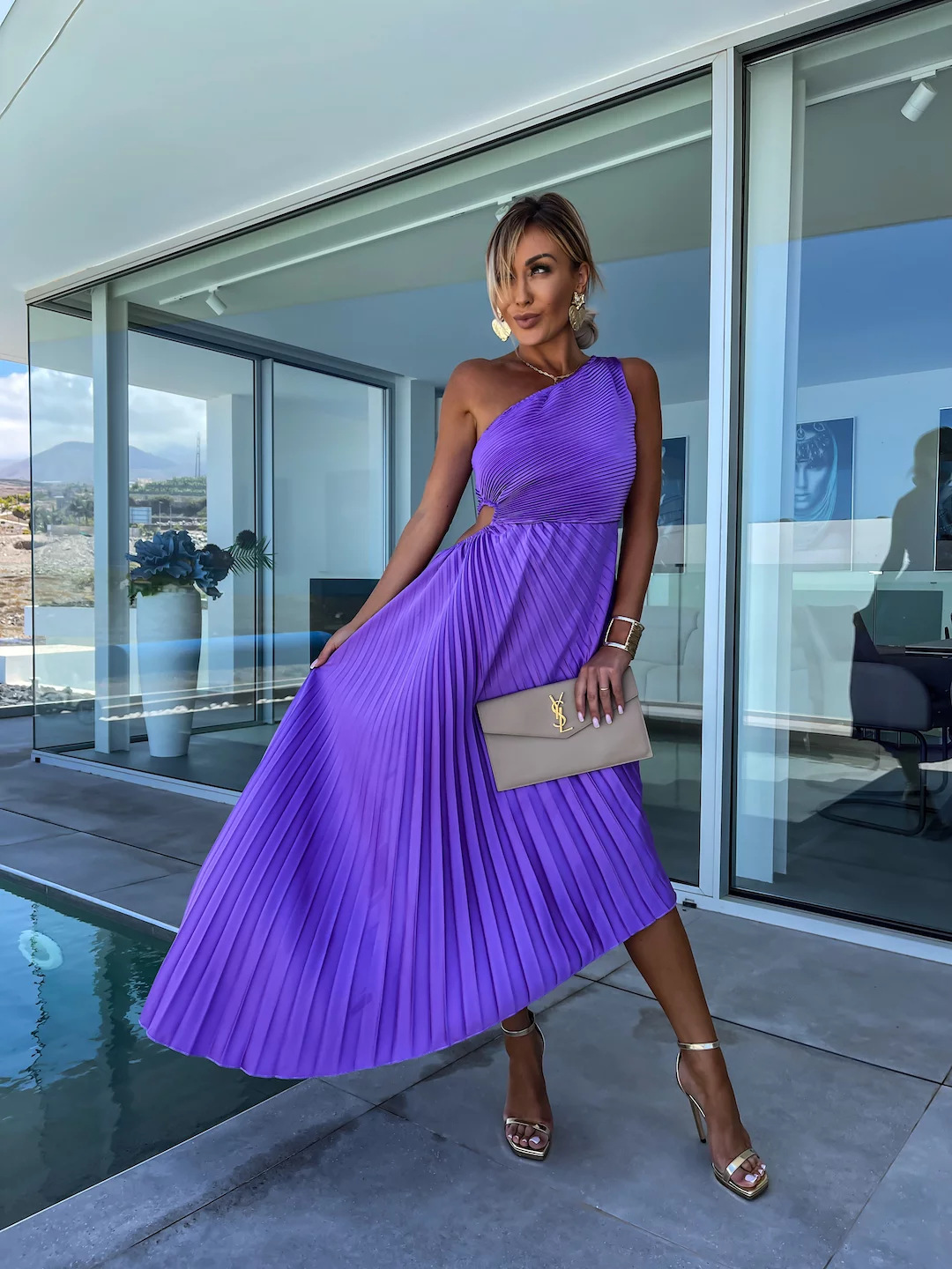 Amara | One-Shoulder Pleated Cut-Out High-Low Maxi Dress