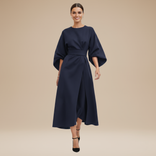 Briony | Belted Bell-Sleeve Midi Dress in Navy Blue