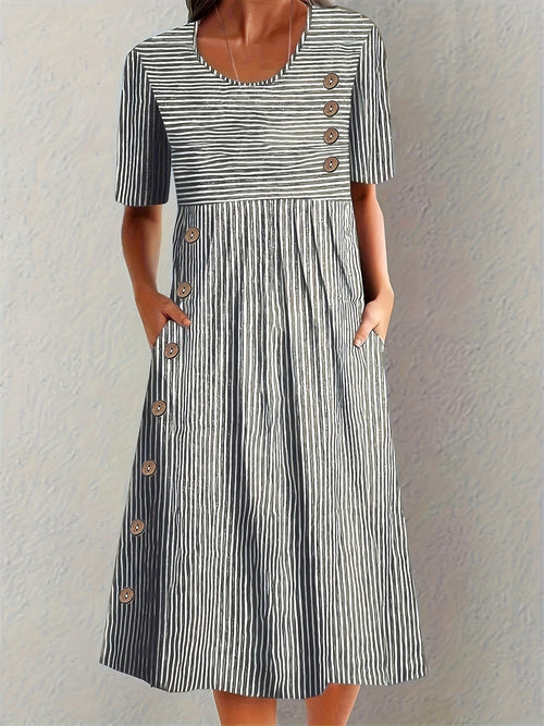 Carmen striped scoop neck button-detail pocket midi dress