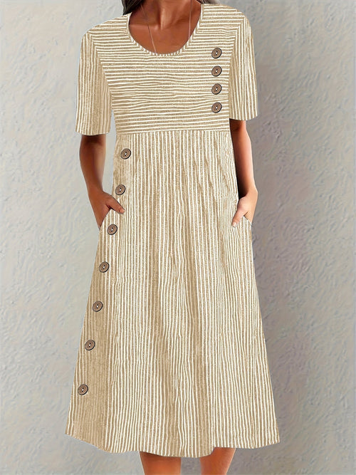 Carmen striped scoop neck button-detail pocket midi dress