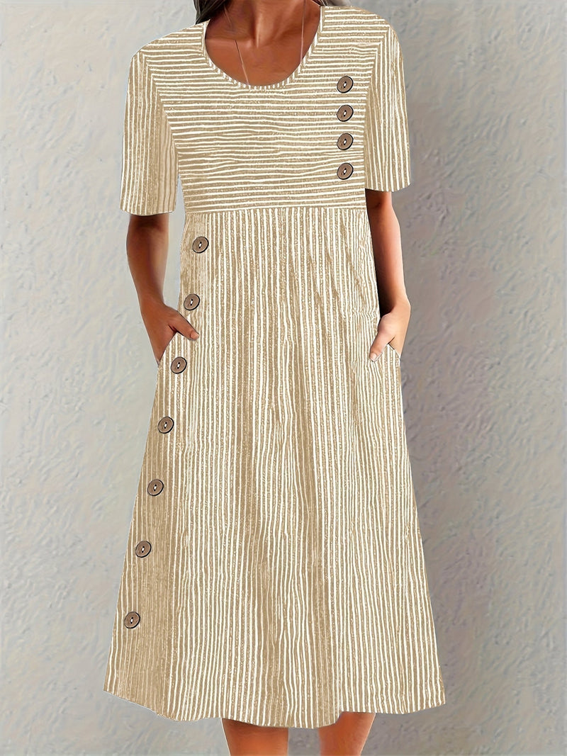Carmen | Striped Scoop Neck Button-Detail Pocket Midi Dress