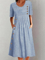 Carmen | Striped Scoop Neck Button-Detail Pocket Midi Dress in Blue