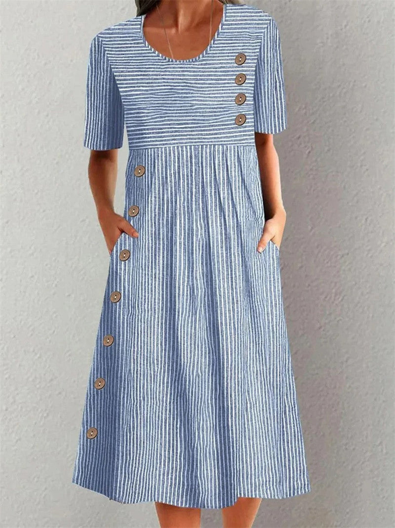 Carmen | Striped Scoop Neck Button-Detail Pocket Midi Dress