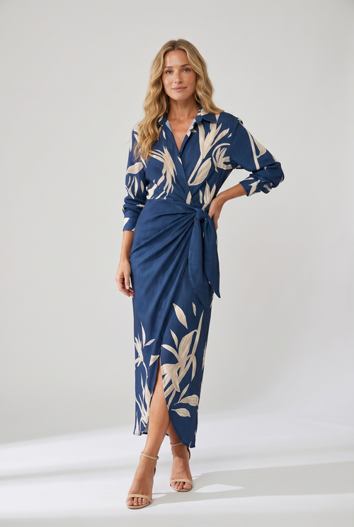 Coraline collared wrap side-tie long sleeve maxi dress