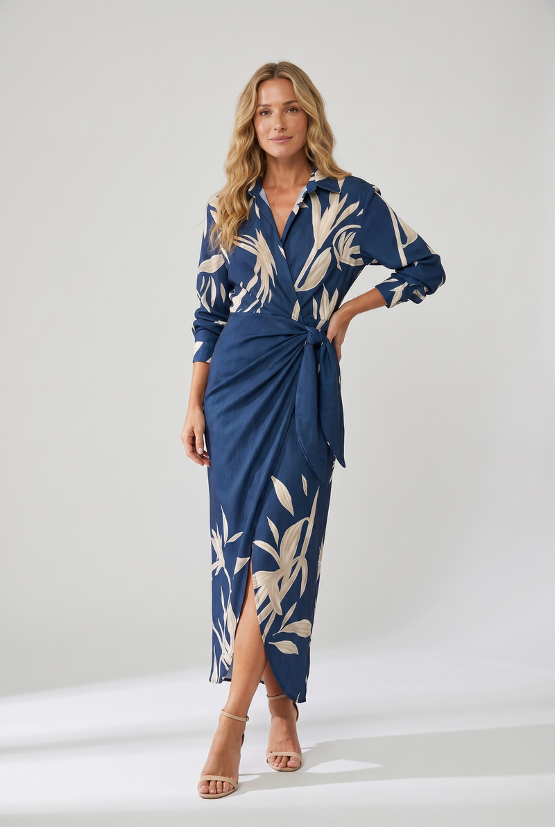 Coraline | Collared Wrap Side-Tie Long Sleeve Maxi Dress