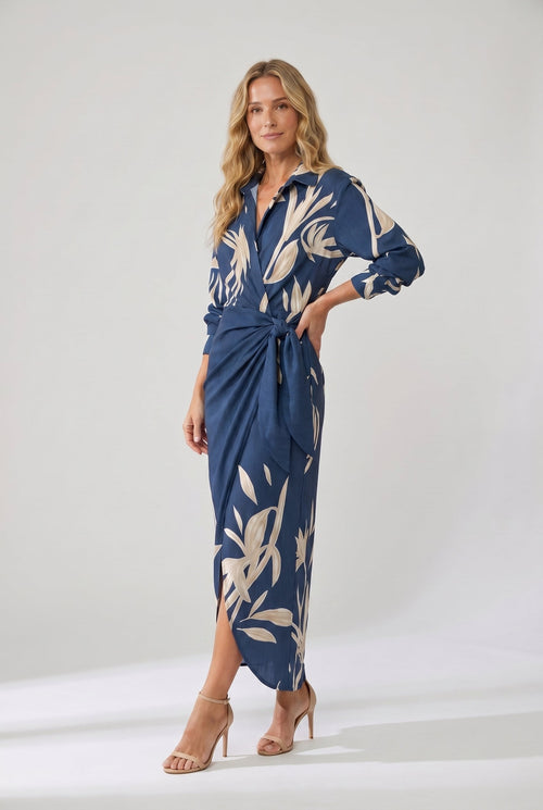 Coraline collared wrap side-tie long sleeve maxi dress