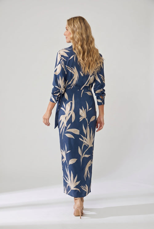 Coraline collared wrap side-tie long sleeve maxi dress