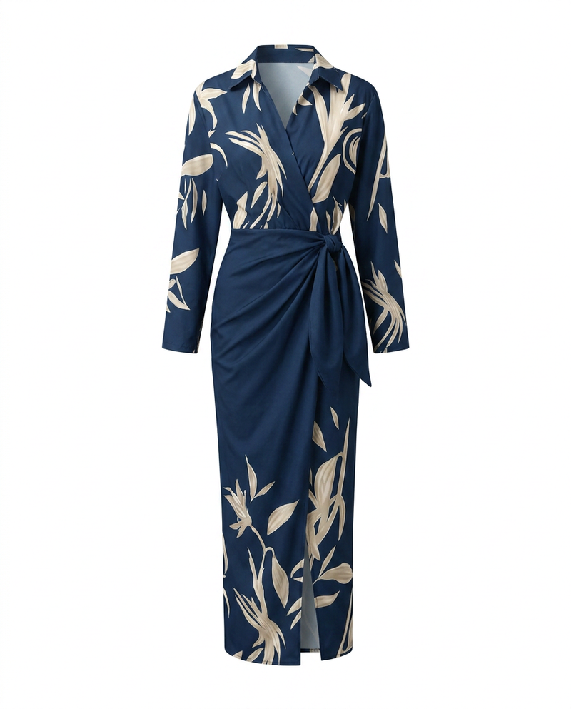 Coraline | Collared Wrap Side-Tie Long Sleeve Maxi Dress