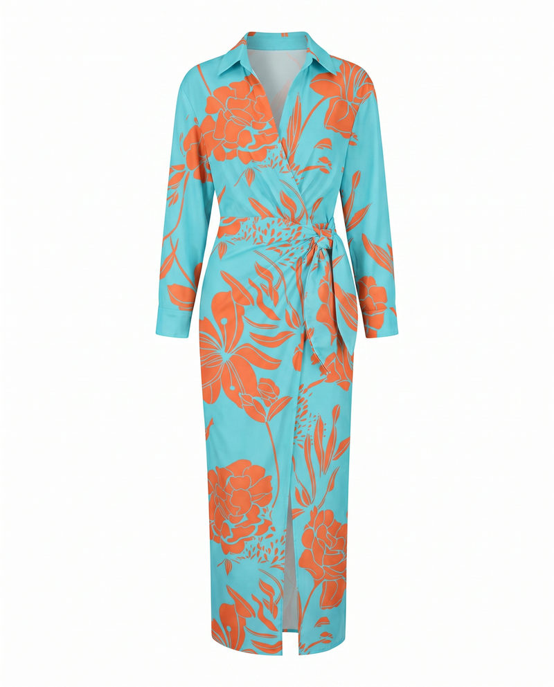 Coraline | Collared Wrap Side-Tie Long Sleeve Maxi Dress