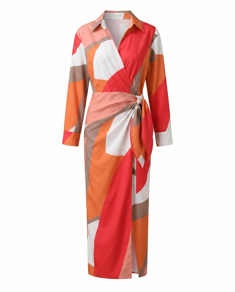 Coraline | Collared Wrap Side-Tie Long Sleeve Maxi Dress