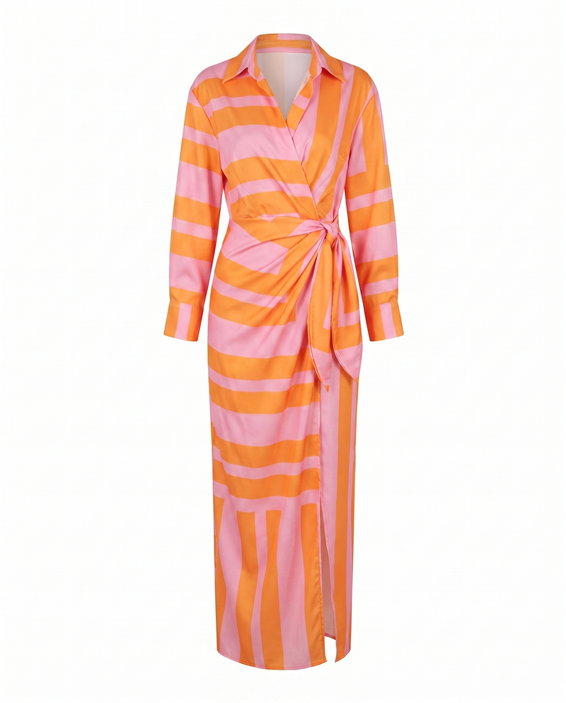 Coraline | Collared Wrap Side-Tie Long Sleeve Maxi Dress