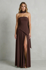 Marielle | Strapless Scarf-Neck High-Split Maxi Dress in Brown