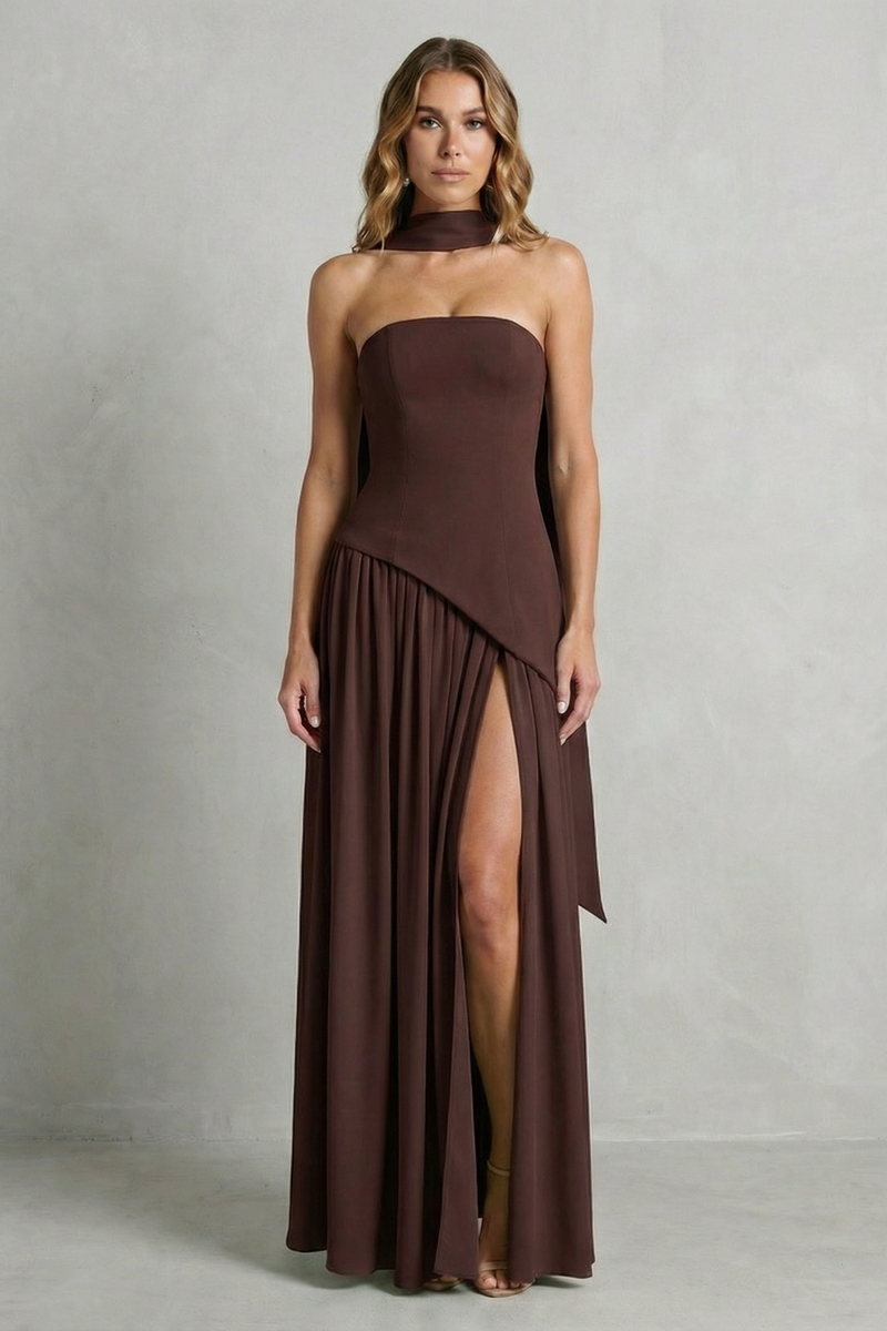 Marielle | Strapless Scarf-Neck High-Split Maxi Dress