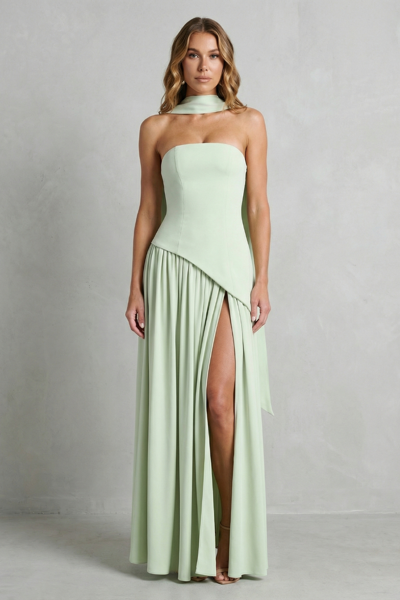 Marielle | Strapless Scarf-Neck High-Split Maxi Dress